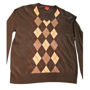Merona Mens 100% Merino Wool Argyle V-Neck Sweater Brown Large VN1168501